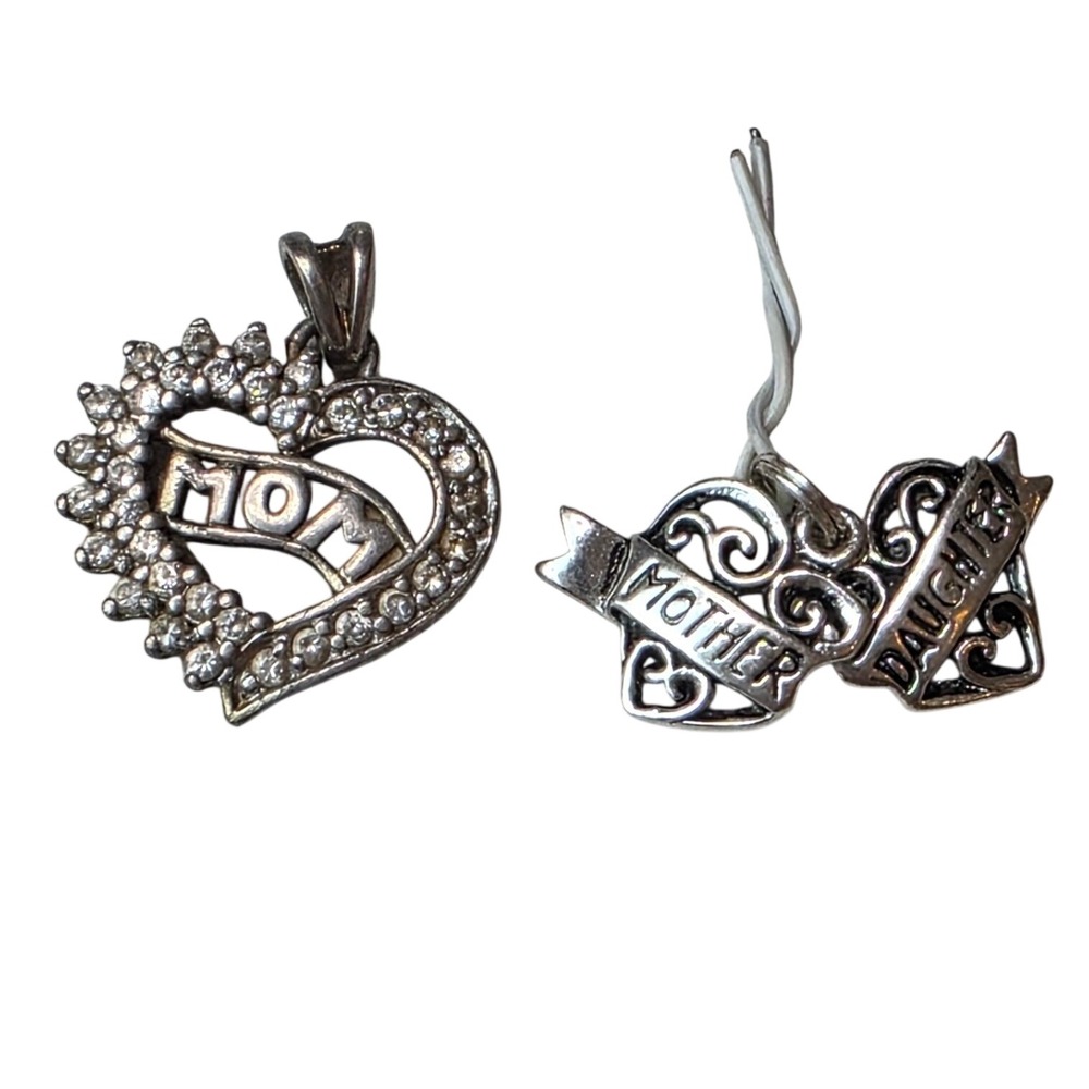 Sterling Silver 925 Mom CZ Heart and Mother Daughter‎ Double Heart Pendants K2
